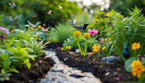 Rain garden with pollinators and natural wildlife