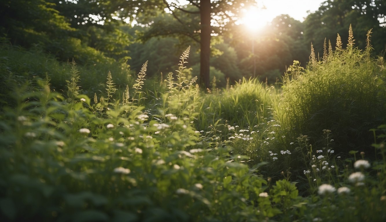 Lush greenery of native plants in New York, with tall grasses, wildflowers, and trees creating a natural and diverse landscape