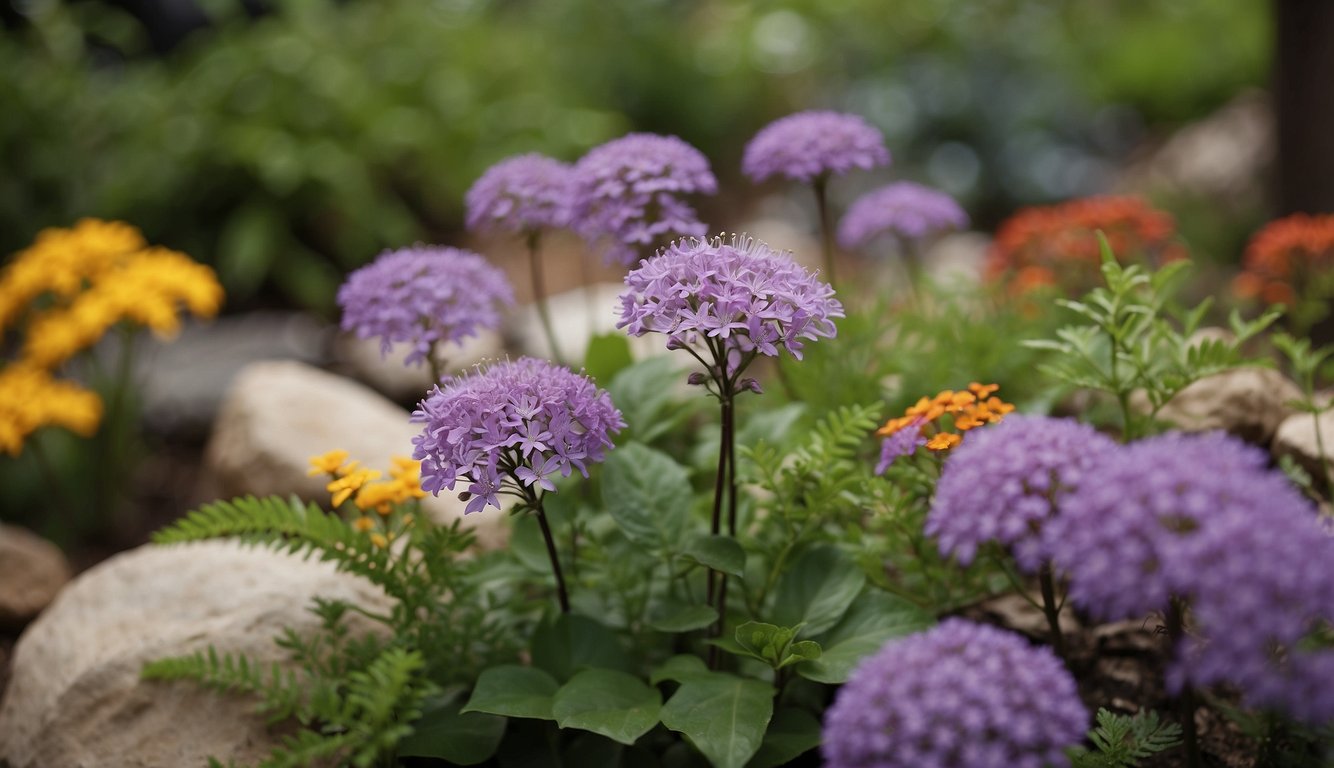 A variety of New York native plants arranged in a garden, with colorful flowers and lush foliage, surrounded by natural elements like rocks and bark