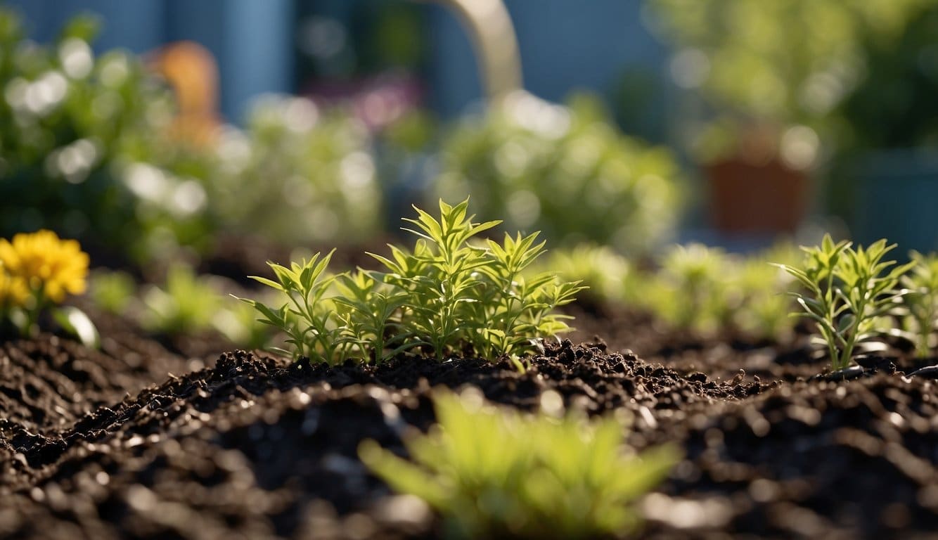 Native plants being watered and pruned in a New York garden. Mulch and compost are being applied to nourish the soil