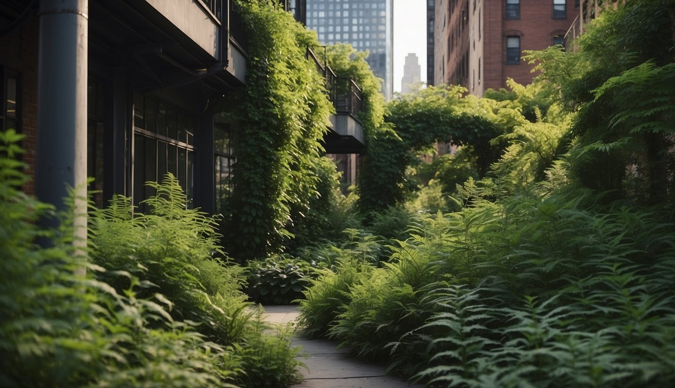 Lush greenery of native plants in New York, various sizes and shapes, growing amidst urban structures, facing challenges of pollution and limited space