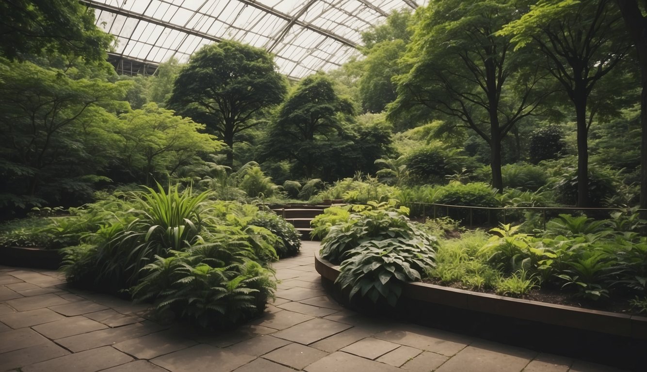Lush greenery of native New York plants in a botanical garden, with labeled signs and visitors reading and taking notes
